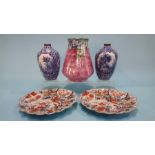 A pair of small Imari dishes, a pair of Royal Bonn vases and a Maling vase (5)