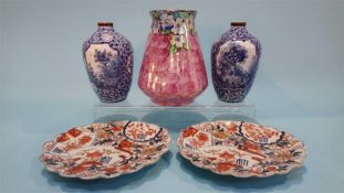 A pair of small Imari dishes, a pair of Royal Bonn vases and a Maling vase (5)