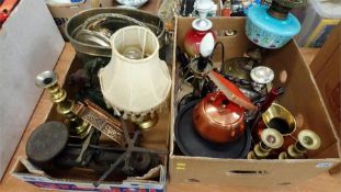 Two trays of assorted oil lamps etc.