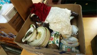 Box of assorted dinner china, doll etc.