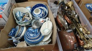 Two boxes blue and white and brass ware