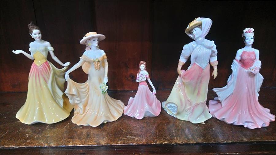 Three Coalport and two Royal Doulton figures (5)