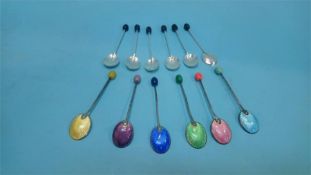 Six enamelled silver coffee bean spoons and six plain coffee spoons (12)