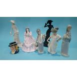 Three Coalport figures, Doulton, Lladro etc.