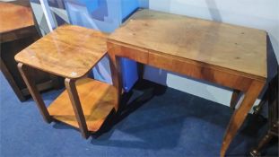 A walnut two tier table and a walnut Deco side table, 86cm length