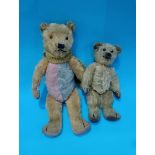 A small plush teddy bear with metal stud in right ear and a bear with a bi-colour body, with stud in