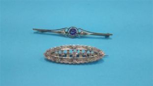 A 9ct gold amethyst and seed pearl brooch and a 9ct gold brooch, weight 5.1 grams