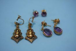 A pair of 9ct gold earrings and a pair of 9ct amethyst earrings etc.