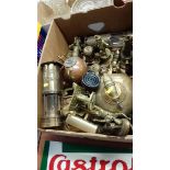 Box of brassware, miners lamp etc.