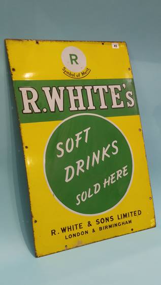 An Original 'R White's' 'Soft Drinks Sold Here' enamelled sign in yellow and green, 76cm x 51cm - Image 6 of 6