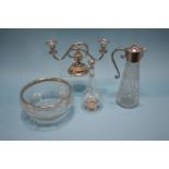 A French silver mounted glass bottle, a silver rimmed glass bowl etc. (4)
