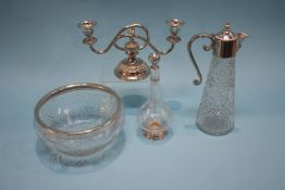 A French silver mounted glass bottle, a silver rimmed glass bowl etc. (4)