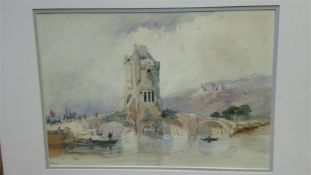Clarkson Stanfield, watercolour, signed verso, 'Continental view with bridge and figures', 29.5cm