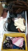 Box of Vintage headscarves, hats, coats and bags etc.