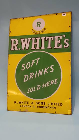 An Original 'R White's' 'Soft Drinks Sold Here' enamelled sign in yellow and green, 76cm x 51cm - Image 3 of 6