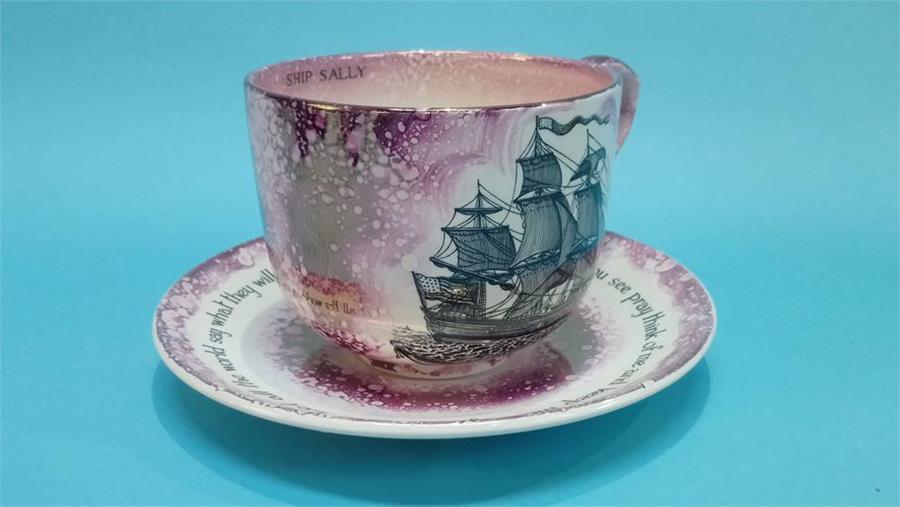 A Sunderland purple lustre 'Sailors Farewell' jug, a Staffordshire lustre ware cup and saucer etc. - Image 2 of 3