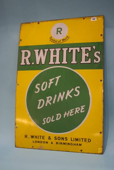 An Original 'R White's' 'Soft Drinks Sold Here' enamelled sign in yellow and green, 76cm x 51cm