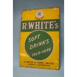 An Original 'R White's' 'Soft Drinks Sold Here' enamelled sign in yellow and green, 76cm x 51cm