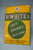 An Original 'R White's' 'Soft Drinks Sold Here' enamelled sign in yellow and green, 76cm x 51cm