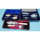 Cased silver plated fish servers etc.