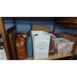 Shelf of assorted, dinner service, typewriter and cutlery etc.