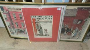 After Norman Rockwell, two framed prints and three mounted covers from the 'Evening Post'