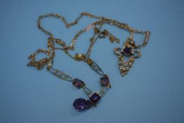 An Edwardian 9ct gold pendant, set with amethyst and seed pearls and another necklace (2)