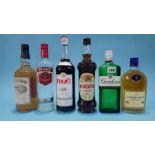 Six bottles of spirits to include, 'Southern Comfort', 'Gin' and 'Vodka' etc.