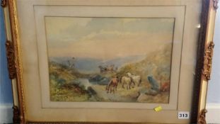 Victorian watercolour, J.F.B****, dated 1873, 'Gathering Horses'