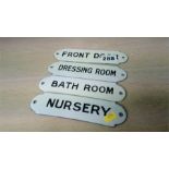 Four enamelled room signs