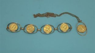 A 9ct gold bracelet mounted with four sovereigns, (49.3 grams) together with a sovereign in 9ct gold