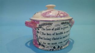 A Sunderland lustre eel jar and cover with a view of the bridge over the Wear and verse 'The loss of