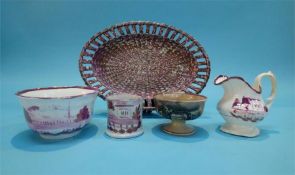 Five various pieces of Sunderland pottery