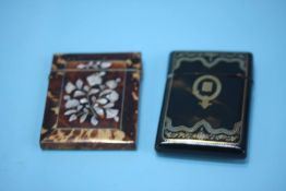 Two tortoise shell cases, one inlaid with mother of pearl, the other with gold and silver