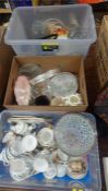 Three boxes of assorted glass china, including a Royal Albert Old Country Roses tea set