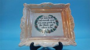 A Sunderland orange lustre plaque 'For Man Dieth'