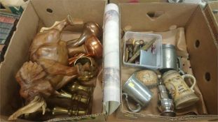 Two boxes of assorted including wooden elephant, Pirelli calendar etc.