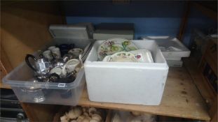 Two boxes of china, metal ware and limited edition picture plates