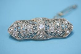 A Continental white metal Art Deco brooch, mounted with diamonds, 7.3 grams, 44.4mm x 14.85mm