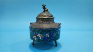 A Chinese bronze and cloisonné Koro and cover, 13.5cm diameter, 17cm high