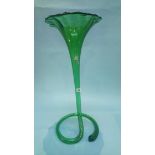 A large green 'Fait Main', glass decorative vase 'Fait a la main' with flared trumpet shaped rim,