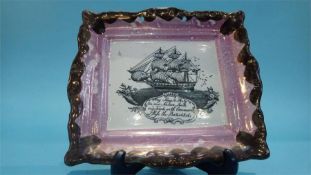 A Sunderland lustre plaque 'May peace and plenty on our nation smile'