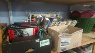 Three boxes of glass, records, books etc.