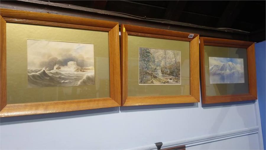 Watercolour, unsigned, set of three, 'Seascape', 'Riverscape', and 'Mountains', 18 x 26cm