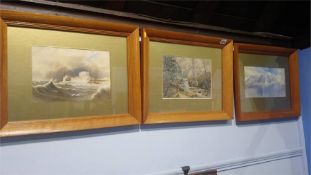 Watercolour, unsigned, set of three, 'Seascape', 'Riverscape', and 'Mountains', 18 x 26cm