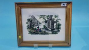 A framed Sunderland plaque showing a classical ruined scene, 22 x 28 cm