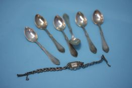 A set of six tea spoons and a cocktail watch, stamped silver