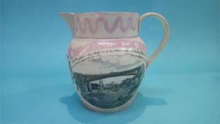 A Sunderland lustre Masonic jug, with view of the Iron bridge and verse 'A little health a little