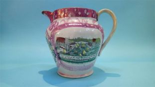 A large Sunderland lustre jug with Masonic panel, a view of the Iron bridge and verse 'Friendship
