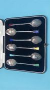 A cased set of six Art Deco enamelled silver spoons